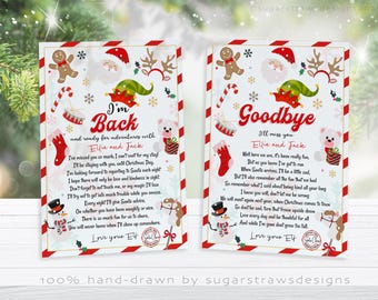 May include: Two Christmas cards with red and white striped borders. One card reads "I'm Back" and the other "Goodbye". Both cards feature festive illustrations of a gingerbread man, Santa, an elf hat, and a snowman. Text includes "Love your Elf".