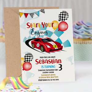 Start Your Engines boy birthday invitation 5x7 inch. A printable, editable, hand drawn red racing car with colourful flags and balloons with a chequered black and white flag on a white background with colourful letters. Matching favor tag available
