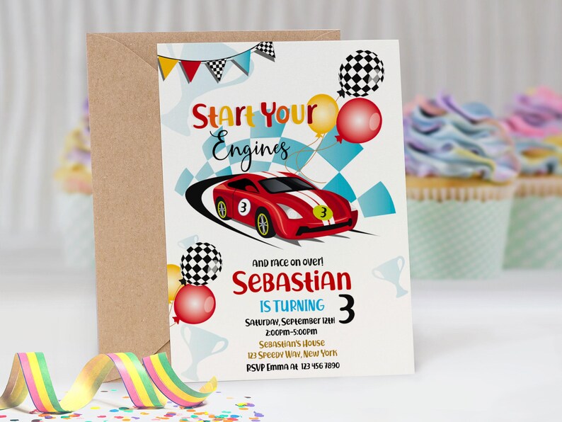 Start Your Engines boy birthday invitation 5x7 inch. A printable, editable, hand drawn red racing car with colourful flags and balloons with a chequered black and white flag on a white background with colourful letters. Matching favor tag available