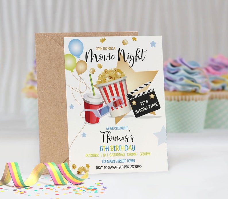 Editable Movie Night Birthday Invitation Boy Blue Cinema Invite Popcorn ...