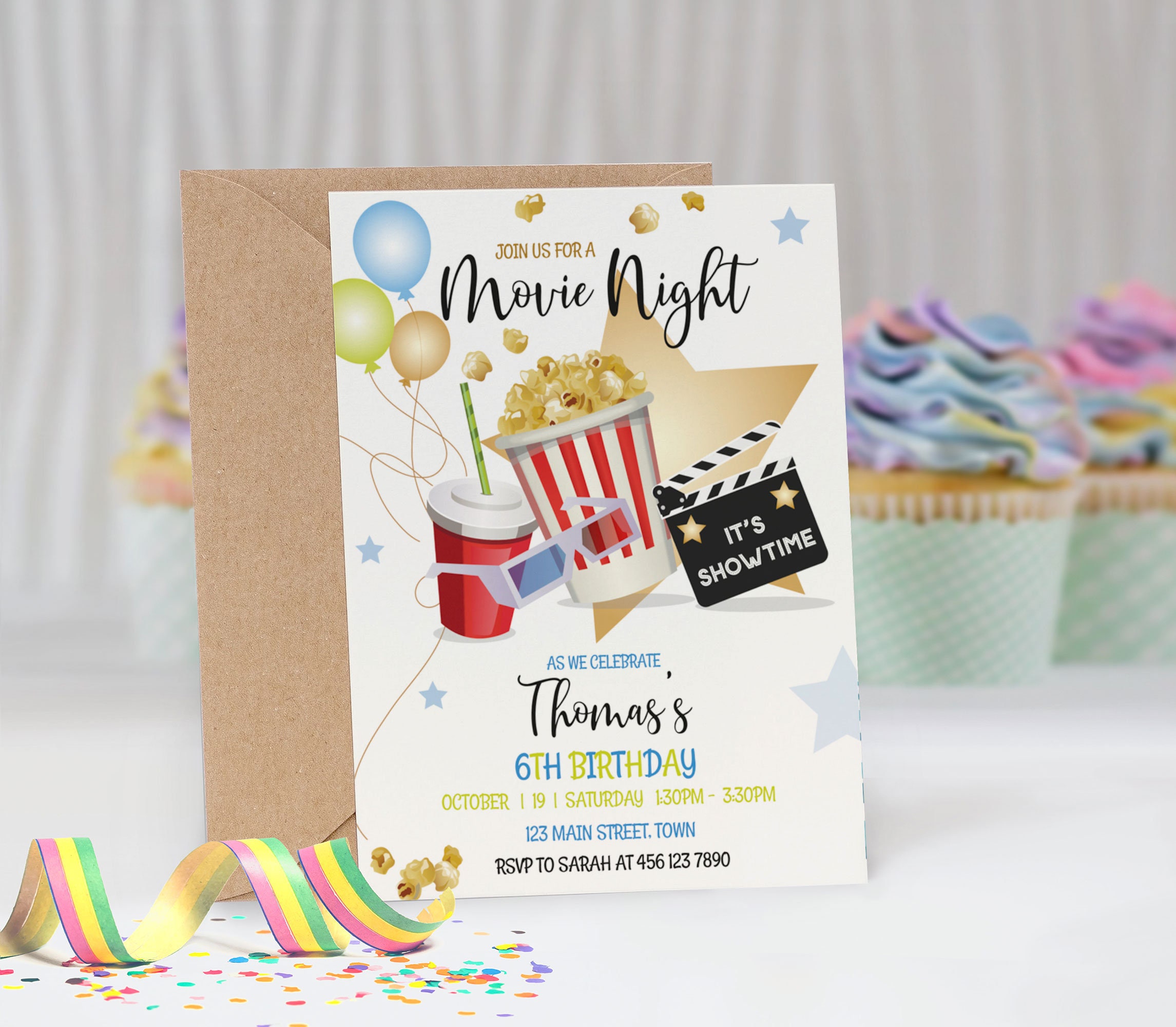 Editable Movie Night Birthday Invitation Boy Blue Cinema Invite Popcorn ...