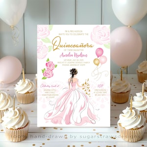 Editable Quinceañera Pink and Gold Birthday Invitation Floral 15th Birthday Invite Mis Quince Invite Roses Digital Template Printable Corjl