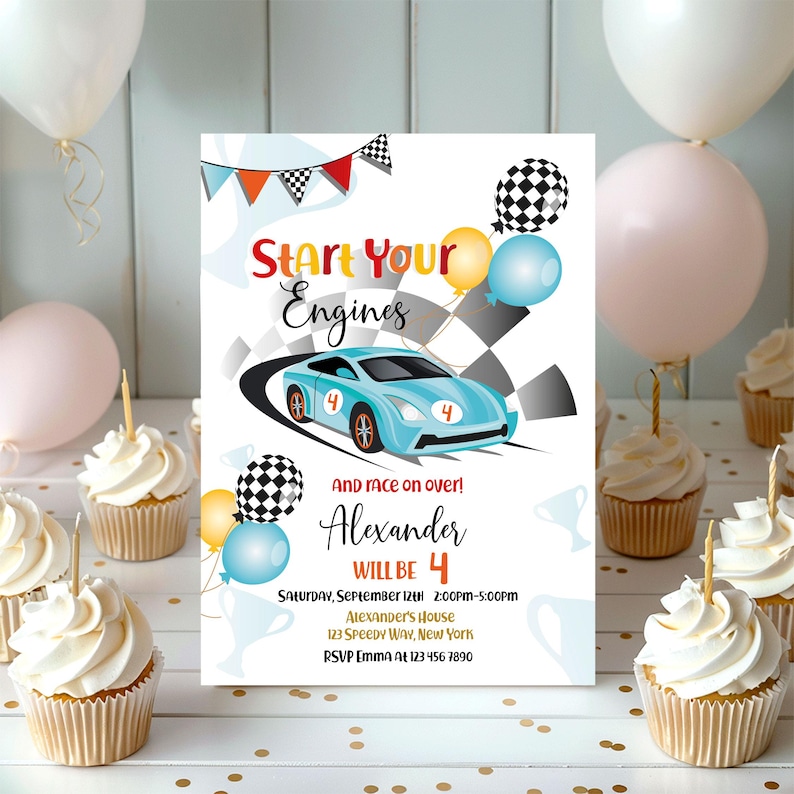 Start Your Engines boy birthday invitation 5x7 inch. A printable, editable, hand drawn blue racing car with colourful flags and balloons with a chequered black and white flag on a white background with colourful letters. Matching favor tag available