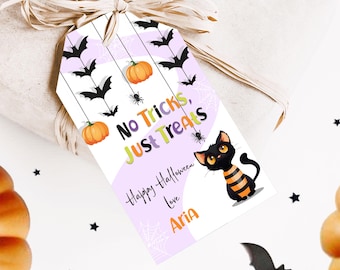 May include: A Halloween gift tag with a black cat, pumpkins, and bats. The tag reads "No Tricks, Just Treats" and "Happy Halloween Love Aria."