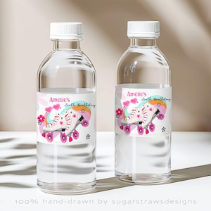 Étiquette de bouteille d'eau de patins à roulettes modifiable, fête d'anniversaire de fille, étiquette de boisson, décoration de fête de skate, téléchargement immédiat, modèle imprimable Corjl
