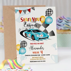 Start Your Engines boy birthday invitation 5x7 inch. A printable, editable, hand drawn blue racing car with colourful flags and balloons with a chequered black and white flag on a white background with colourful letters. Matching favor tag available