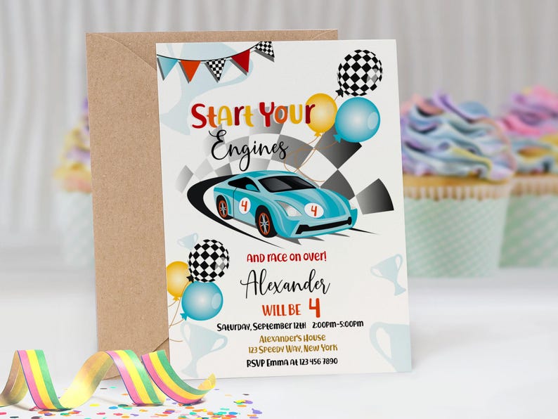 Start Your Engines boy birthday invitation 5x7 inch. A printable, editable, hand drawn blue racing car with colourful flags and balloons with a chequered black and white flag on a white background with colourful letters. Matching favor tag available
