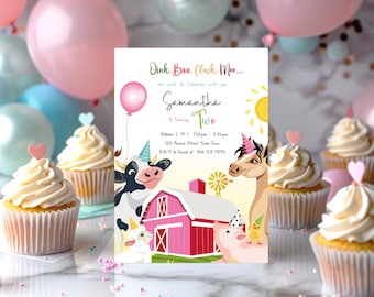 Editable Farm Birthday Invitation Barnyard Birthday Invite 2nd 1st Birthday Party Girl Pink Animals Invite Instant Download Printable Corjl