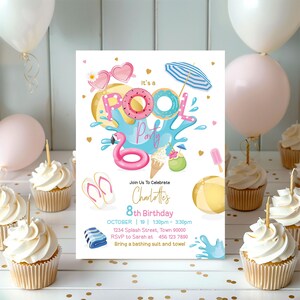 Pool Party girl birthday invitation 5x7 inches . A printable, editable, hand drawn pool themed template with colourful floats, sliders, beach ball and sunglasses on a white background with colourful lettering. Perfect for a swimming party.