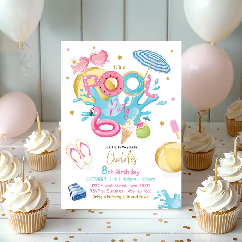 Pool Party girl birthday invitation 5x7 inches . A printable, editable, hand drawn pool themed template with colourful floats, sliders, beach ball and sunglasses on a white background with colourful lettering. Perfect for a swimming party.