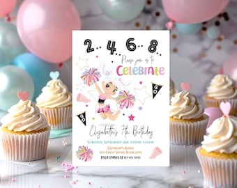 May include: A white invitation card with a cartoon cheerleader girl in a pink and black uniform. The text on the card reads "2.4.6.8. Please join us to Celebrate Elizabethis 7th Birthday. Saturday, September 12th 2:00pm-5:00pm DizaBeur's House 1234 Creer Street Texas 12345 RSVP EMMA AT 123 456 7890"