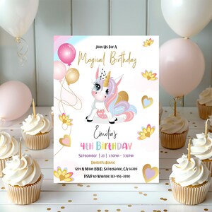 Unicorn birthday invitation for a girl 5x7 inches. A printable, editable, hand drawn template with a cute unicorn and balloons in pretty pastel shades of pink and purple on a white background. Matching thank you favor gift tag available.
