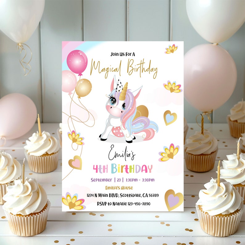 Unicorn birthday invitation for a girl 5x7 inches. A printable, editable, hand drawn template with a cute unicorn and balloons in pretty pastel shades of pink and purple on a white background. Matching thank you favor gift tag available.