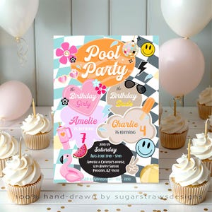 May include: A colorful pool party invitation with the text "Pool Party" and details for Amelie and Charlie's birthday. The invitation includes a flamingo, ice cream, sunglasses, and a disco ball. Cupcakes and balloons are in the background.