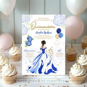 Editable Quinceañera Blue and Gold Birthday Invitation Floral 15th Birthday Invite Mis Quince Invite  Digital Template Printable Corjl