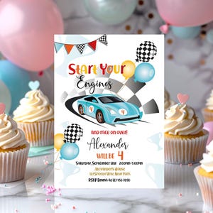 Start Your Engines boy birthday invitation 5x7 inch. A printable, editable, hand drawn blue racing car with colourful flags and balloons with a chequered black and white flag on a white background with colourful letters. Matching favor tag available