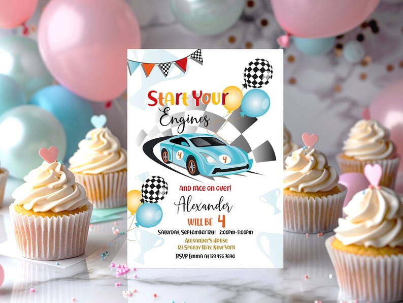 Start Your Engines boy birthday invitation 5x7 inch. A printable, editable, hand drawn blue racing car with colourful flags and balloons with a chequered black and white flag on a white background with colourful letters. Matching favor tag available