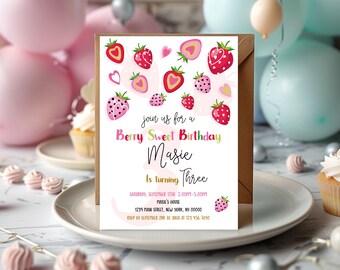 Editable Strawberry 3rd Birthday Invitation 3rd Birthday Party Invite Baby Girl Third Birthday Party Invite Instant Download Printable Corjl