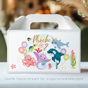Étiquette de boîte à pignon modifiable sous la mer Étiquette de fête de natation fille, boîte à friandises d'anniversaire, accessoires de fête, étiquette de boîte-cadeau modèle imprimable Corjl