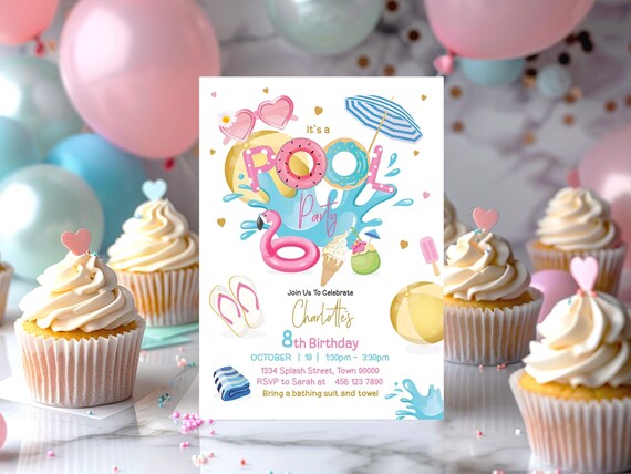Editable Pool Party Invitation Girl Birthday Swim Party Invite Summer Party Swimming Party Pool Invite  Girl Spa Digital Download Printable