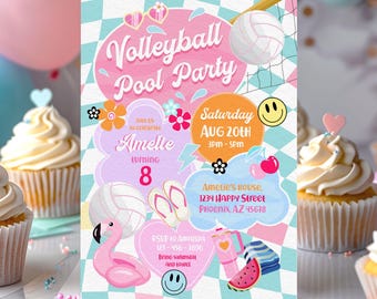 Editable Preppy Beachvolleyball-Party-Geburtstags-Einladung Corjl | Mädchen Schwimmen Party einladen | Sommer Digital Download Printable