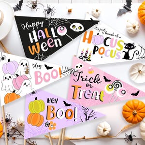 May include: A selection of Halloween pennant flags with different designs and text. The flags feature pumpkins, ghosts, bats, and the phrases "Happy Halloween," "Hocus Pocus," and "Trick or Treat." The colour scheme includes black, orange, pink, and white.