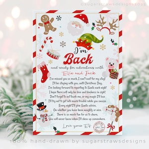 May include: A Christmas-themed card with a red and white striped border. The card features festive illustrations of Santa, an elf, reindeer antlers, and a snowman. Text reads "I'm Back" and a message from an elf.