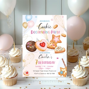 Bearbeitbares Cookie Dekorieren Party Einladung Kinder Kochen Geburtstag Backen Cookie einladen Mädchen Rosa Sofortiger Download Druckbare Vorlage Corjl