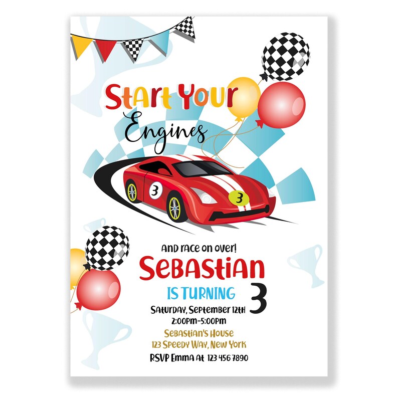 Start Your Engines boy birthday invitation 5x7 inch. A printable, editable, hand drawn red racing car with colourful flags and balloons with a chequered black and white flag on a white background with colourful letters. Matching favor tag available