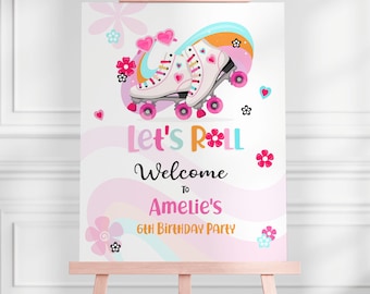 Könnte beinhalten: Ein rosa-blaues Willkommens-Schild mit einem Paar weißer Rollschuhe mit rosa Rädern und Herzen. Das Schild lautet "Let's Roll" und "Willkommen zu Amelies 6. Geburtstagsparty".