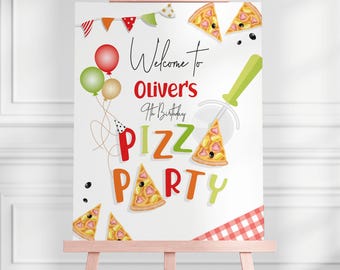 May include: Welcome to Oliver's Pizza Party, a white sign with colorful pizza slices, a pizza cutter, and balloons. The text is in black and the background is white with a red and white checkered pattern at the bottom.