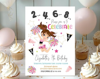 May include: A white invitation card with a cartoon cheerleader holding pom-poms. The card says "2.4.6.8 Please join us to Celebrate Elizabeth's 7th Birthday Saturday, September 12th 2:00PM-5:00PM Elizabeth's House 1234 Cheer Street Texas 12345 RSVP EMMA AT 123 456 7890 sugarstrawsdesigns"