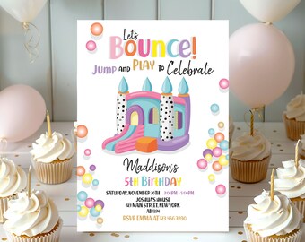 May include: A colorful invitation for a 5th birthday party with a bounce house theme. The invitation features a cartoon bounce house with a slide and the text "Let's Bounce! Jump and Play to Celebrate" and "Maddison's 5th Birthday".