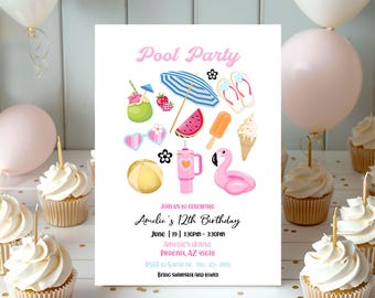 Invitación editable para fiesta en la piscina, cumpleaños de niña, fiesta en la playa, fiesta de natación, fiesta en la piscina, spa, descarga la plantilla digital imprimible