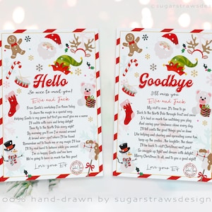 Può includere: Due biglietti di Natale con bordi rossi e bianchi. Uno dice "Ciao" e l'altro "Arrivederci". Entrambi i biglietti presentano illustrazioni festive di Babbo Natale, elfi, omini di pan di zenzero e pupazzi di neve. Il testo include un messaggio personalizzato.
