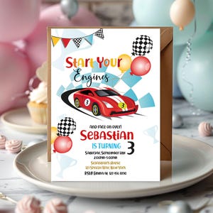 Start Your Engines boy birthday invitation 5x7 inch. A printable, editable, hand drawn red racing car with colourful flags and balloons with a chequered black and white flag on a white background with colourful letters. Matching favor tag available