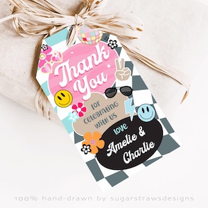 Bearbeitbare Adretter Gemeinsamer Geburtstag Danke Favor Tag Junge Mädchen Geschwister Doppelter Geburtstag Retro Groovy Smiley Download Druckbare Vorlage Corjl
