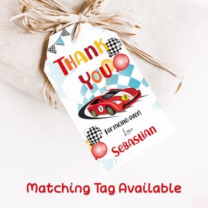 Thank you gift favor tag 2x3.5 inches. A printable, editable, hand drawn red racing car with colourful flags and balloons with a chequered black and white flag on a white background with colourful letters. Matching invite available.