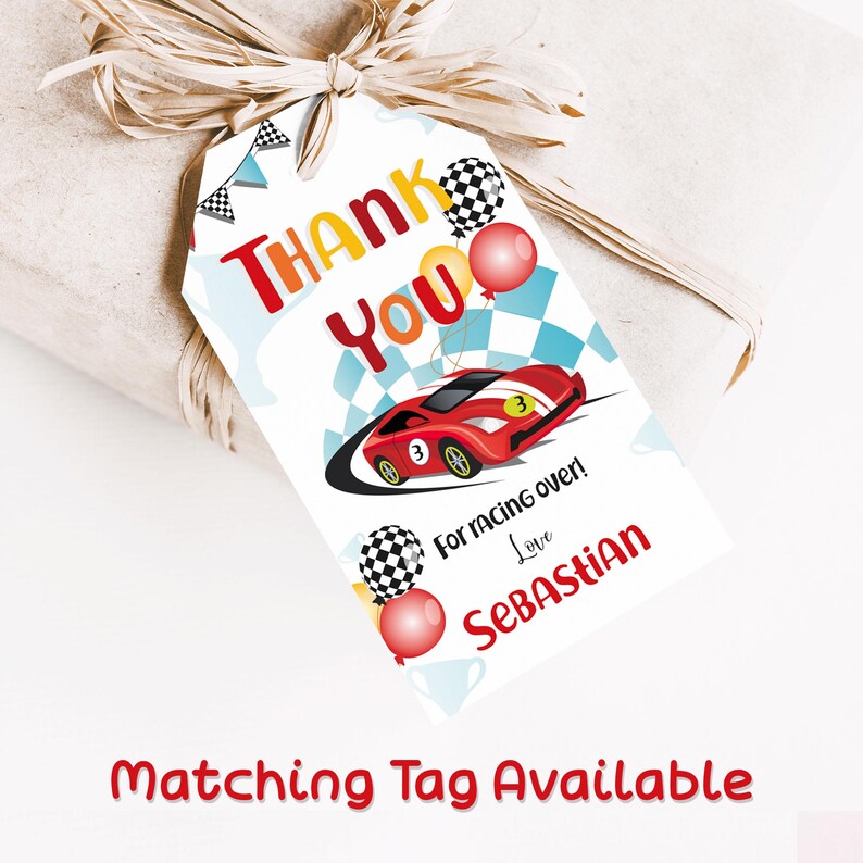 Thank you gift favor tag 2x3.5 inches. A printable, editable, hand drawn red racing car with colourful flags and balloons with a chequered black and white flag on a white background with colourful letters. Matching invite available.