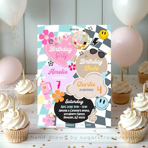Puede incluir: Una invitación de fiesta de cumpleaños con un diseño retro. La invitación presenta el texto "the Birthday Girly" y "the Birthday Dude", con los nombres Amelie y Charlie, y sus edades. La invitación también incluye la fecha, hora y lugar de la fiesta.