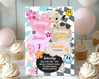 Editable Preppy Joint Birthday Invitation Boy Girl Sibling Double Birthday Retro Groovy Smile Varsity Tween Download Digital Template Corjl