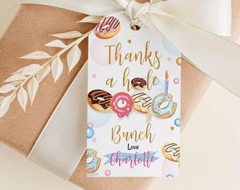 May include: Donut-themed thank you tag with the text "Thanks a hole bunch Love Charlotte" and colorful donut illustrations.