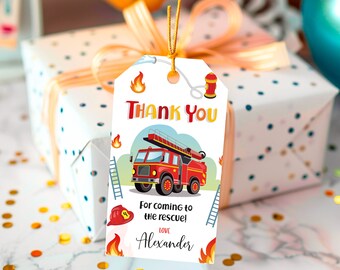 Editable Fire Truck Party Favor Tag Boy Birthday Thank you Tag  Gift Tag Fire Engine Red Truck 1st 2nd Kids Instant Download Printable Corjl