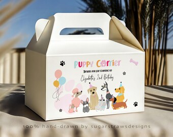 May include: White puppy carrier box with a handle, decorated with colorful illustrations of dogs, paw prints, balloons, and the text "Puppy Carrier". The text reads "Thank you for coming to Elizabeth's 2nd Birthday". The bottom of the box reads "100% hand-drawn by sugarstrawsdesigns".