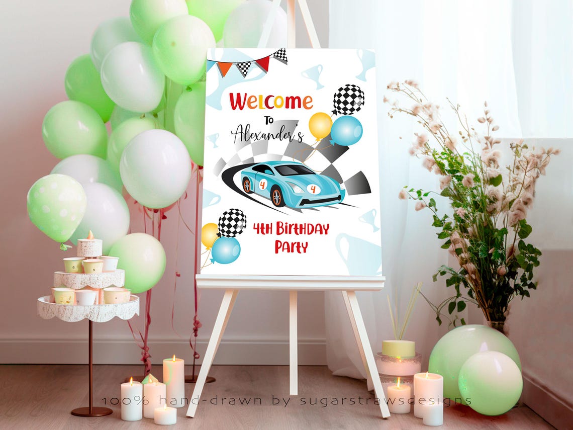 Editable Blue Racing Car Welcome Sign Boy Birthday Blue Sports Car ...