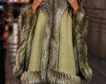 Woman's  bolero handmade green Wool Cashmere Shawl  with fox fur  4512026   OZEL ASPAVA DERI