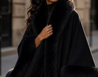 Bolero de mujer negro de lana y cachemira con ribete de piel de zorro 412026 OZEL ASPAVA DERİ