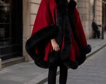 Woman's red bolero handmade Wool Cashmere Shawl  with fox fur  462026   OZEL ASPAVA DERI