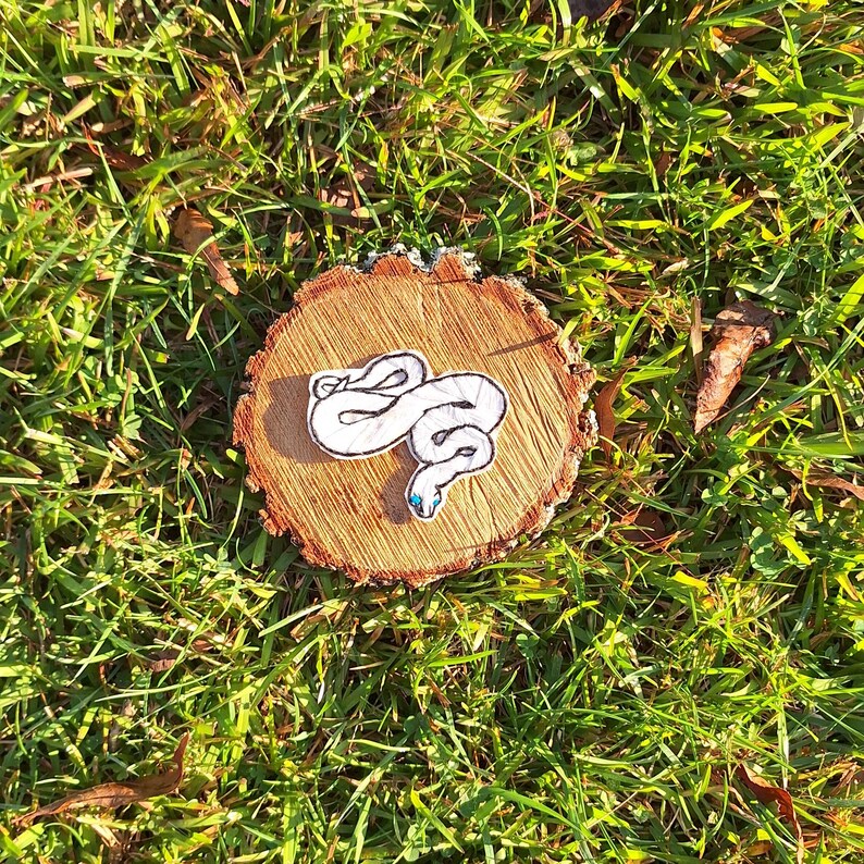 May include: White embroidered snake patch on a wooden tree stump. The snake is curled up with a blue eye.