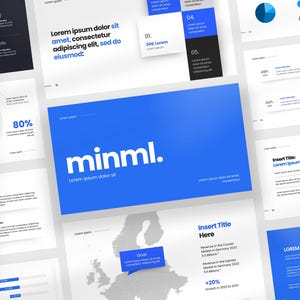 Puede incluir: Una presentación de diapositivas con un esquema de color azul y blanco. Las diapositivas presentan una variedad de gráficos, tablas y texto. El texto incluye la palabra "minml." y la frase "Lorem ipsum dolor sit".